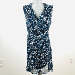 AA Studio Ruffle Front Dress SZ 8 Sleeveless Blue Black Floral Chiffon Midi